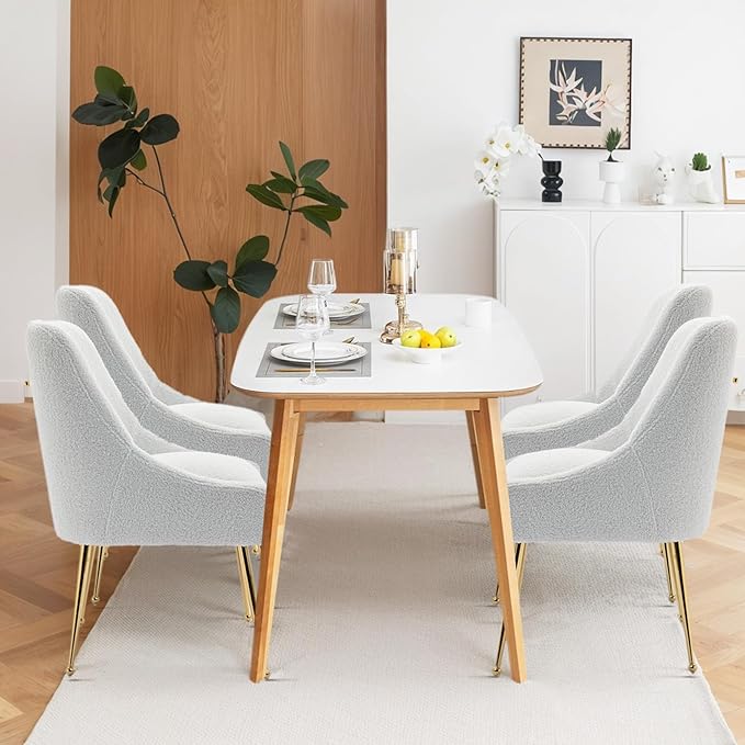 Dining Chairs Medieval Modern Restaurant Chairs, Soft Cushions, Teddy Velvet, Polished Gold Metal Legs, Kitchen Chairs, Living Room White 2-Piece Set