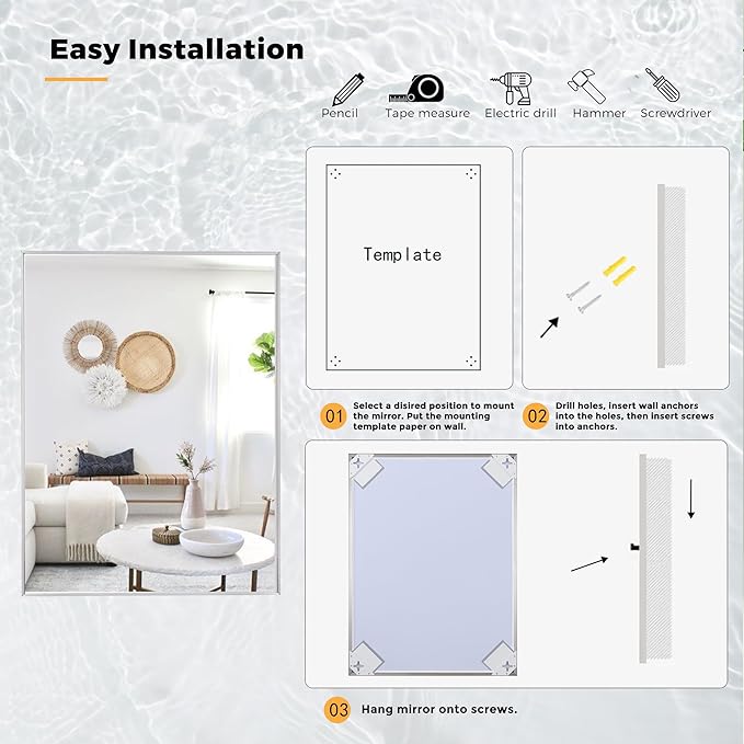 30x36 Inch Nickel Bathroom Mirror for Wall, Aluminum Frame Rectangle Rectangular Vanity Mirror, Modern Large for Bedroom, Living Room, Horizontal or Vertical