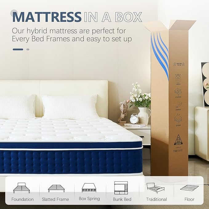 14 Inch King Size Mattress, King Mattress in a Box, Memory Foam Hybrid Mattresses with Individual Pocket Spring, Innerspring King Mattresses, Medium Firm Feel, CertiPUR-US Certified