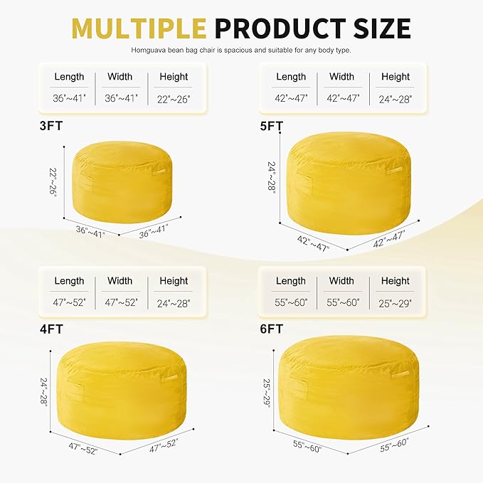 Homguava 6 FT Bean Bag Chair: 6' Bean Bags with Memory Foam Filled, Large Beanbag Chairs Soft Sofa with Dutch Velvet Cover-Mustard