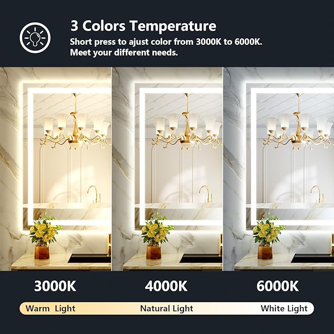 48x40 Inch LED Bathroom Mirror with Lights Front and Backlit Lighted Vanity Mirror for Bathroom Wall with 3 Colors Dimmable Anti-Fog Memory Tempered Glass Horizontal/Vertical