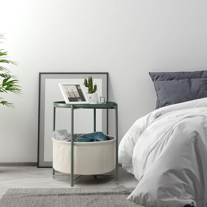 danpinera Round Side Table with Fabric Storage Basket, Metal Side Table Small Bedside Nightstand with Removable Tray for Living Room, Bedroom, Nursery, Dark Green