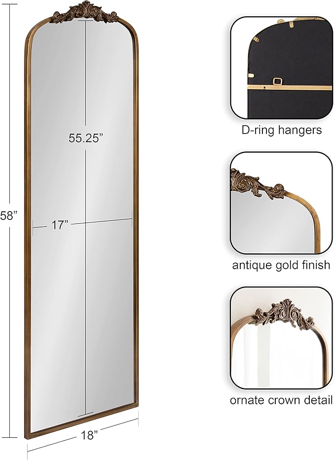 Kate and Laurel Arendahl Glam Arched Vintage Full Length Mirror; 18 x 58; Gold; Traditional Baroque Full Body Wall Mirror with Ornate Garland Inspired Crown