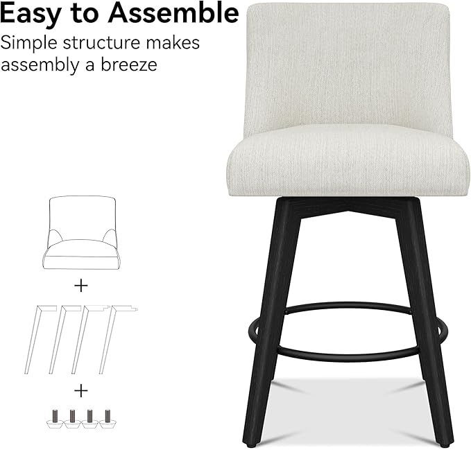 Counter Height Bar Stools Set of 3, Modern Swivel Barstools with Back and Wood Legs, Linen Fabric Upholstered Bar Chairs, 26" H Kitchen Counter Stools, Kitchen Island Home Bar, Ivory