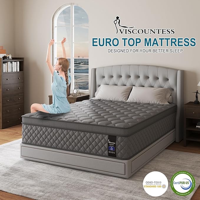 Twin Mattress, 12 Inch Hybrid Mattresses Grey, Euro Top Mattress Medium Firm for Back & Lumbar Support, Individual Pocket Spring Bed for Motion Isolation & Pressure Relief