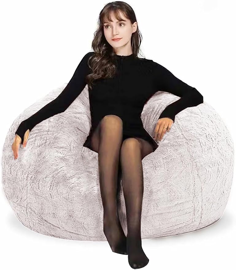 Bean Bag Chair Cover for Adults Kids Comfy Fluffy Oversized Round Beanbag Chair Lazy Sofa Cover for Reading Chair Floor Chair, 3.5FT, White