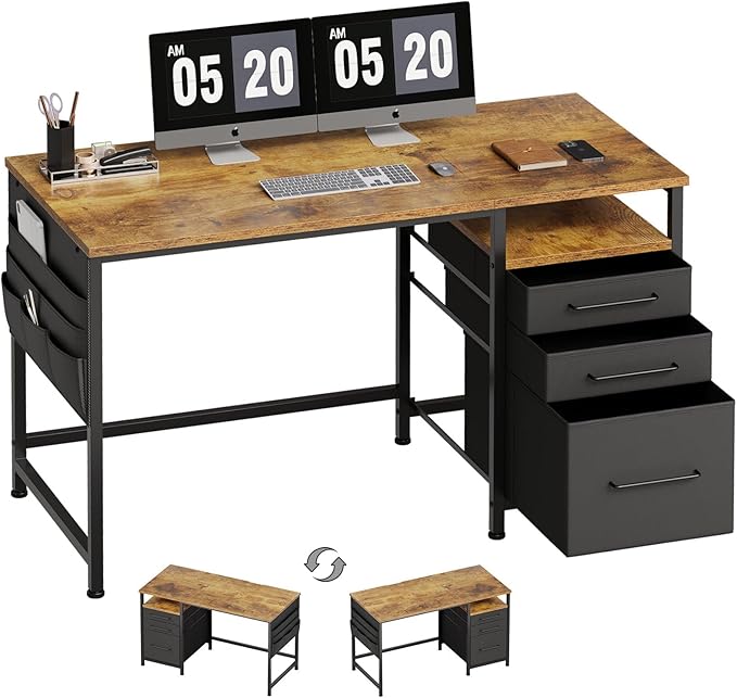 Ｍａｉｈａｉｌ Maihail Computer Desk with Drawers, 47 Inch Desk with 2 Drawers and Shelves, Office Table with Storage, Home Office desks, Metal Frame for PC Laptop, Rustic Brown