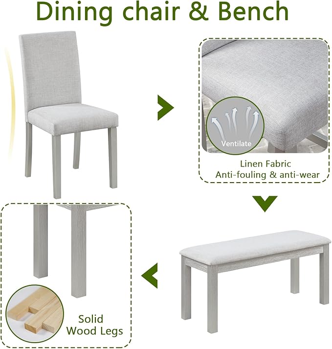 Ball & Cast 6 Piece Dining Table Set,Kitchen Table Set for 6 W/ 58.5" Rectangular Wooden Dining Table,Living Room Furniture W/ 4 Upholstered Chairs & 1 Bench,for Dining Room,Kitchen,Silver Grey