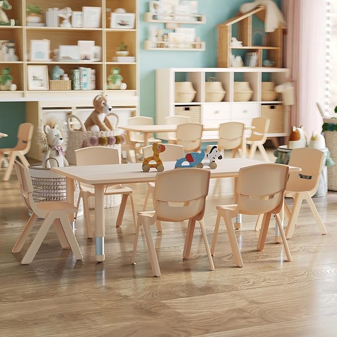 Flash Furniture Emmy Adjustable Classroom Activity Table with 6 Stackable Chairs, Plastic Activity Table for Kids, 23.625" W x 47.25" L, Natural