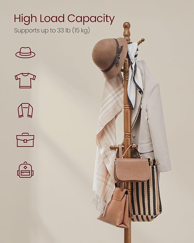 VASAGLE Solid Wood Coat Rack and Stand, Free Standing Hall Coat Tree with 10 Hooks for Hats, Bags, Purses, for Entryway, Hallway, Rubberwood, Caramel Brown URCR03WN