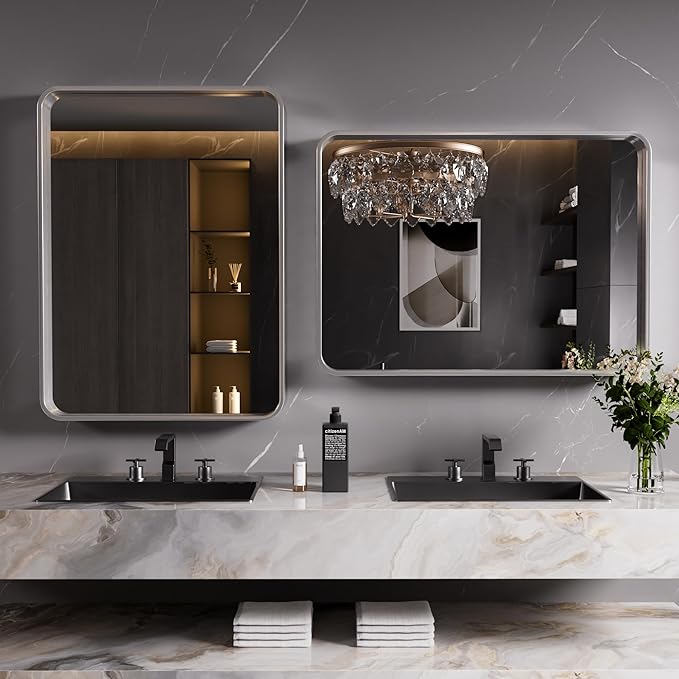 Brushed Nickel Bathroom Mirror 40x32 Inch, Brushed Silver Metal Frame Mirror Wall Mounted, Rounded Rectangle Bathroom Vanity Mirror, Tempered Glass, Anti-Rust, Horizontal/Vertical