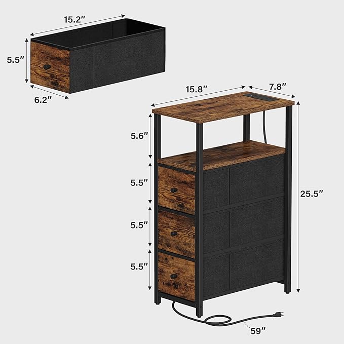 TUTOTAK Narrow LED Night Stand with Charging Station, Slim End Table with Plugins, Tall Side Table with 3 Fabric Drawer, Small Bedside Table with Storage, Set of 2, for Living Room, Brown TB01BB073L