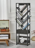 Bookshelf with Drawer,10 Tier Tree Bookcase Retro Floor Standing Bookshelves,Tall Wood Bookcases with Cabinet Storage Organizer for Living Room, Bedroom & Home Office, Black