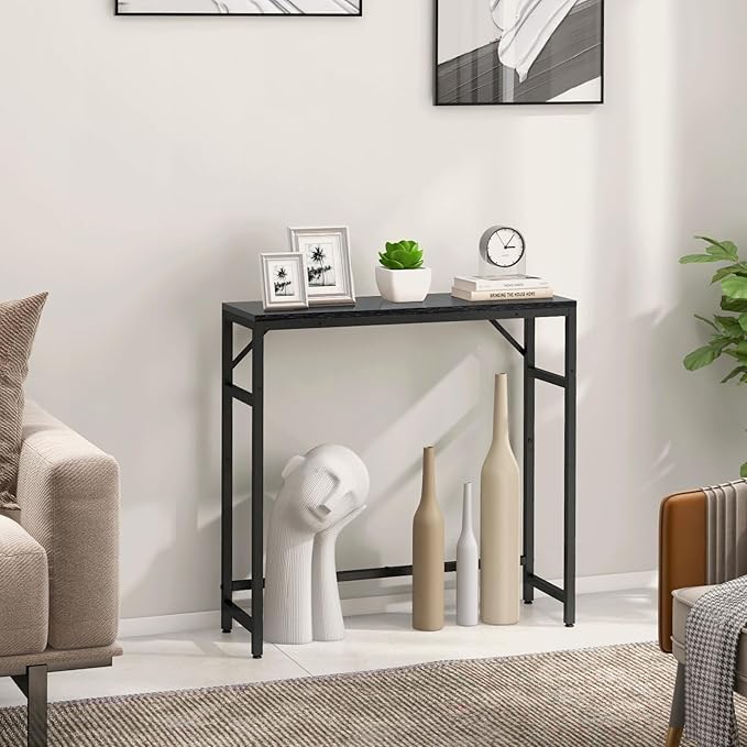 Narrow Console Table for Entryway, 29.5” Entryway Table with Shelf, Industrial Thin Sofa Table with 2 Support Bars Behind Couch, Display Tables for Living Room, Bedroom, Foyer, Black