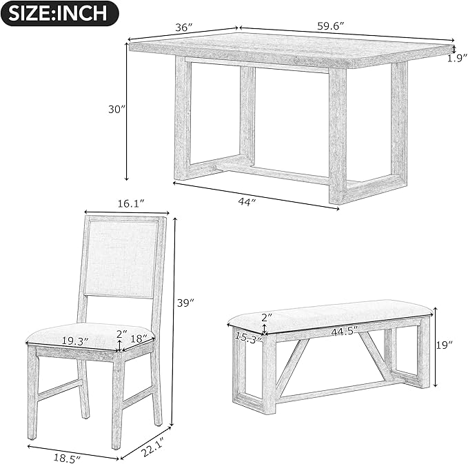 Merax Farmhouse Wood 6-Piece Dining Set, 59.6 inch Rectangular Table, 4 Upholstered Chairs and 1 Bench for Kitchen, Natural