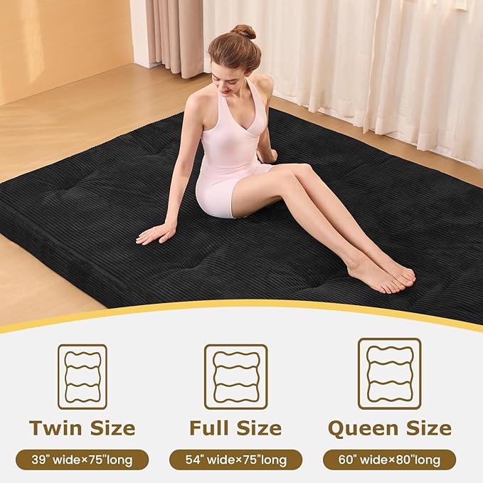 Japanese Floor Mattress, 4" Thicken Futon Mattress Full Size Sleeping Pad, Corduroy Foldable Mattress Pad Roll Up Tatami Mat Floor Mattress for Adults（Black）