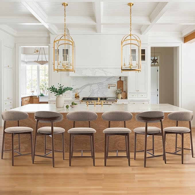 COLAMY Counter Height Bar Stools Set of 6, Kitchen Bar Stools with Back, Mid Century Modern Upholstered, with Wood Legs for Kitchen Island Dining Room, Camel