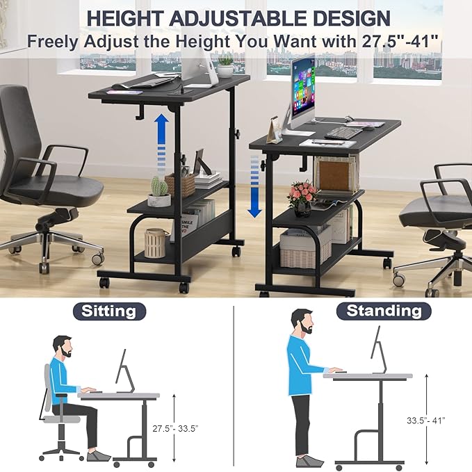 Armocity Height Adjustable Standing Desk with Power Outlets, 32" Manual Stand Up Desk with Storage Shelves Small Mobile Rolling Computer Desk Portable Laptop Table with Wheels for Home Office, Black