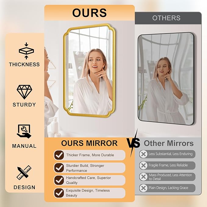 26"x40" Rustproof Bathroom Mirror Gold, Round Corner Metal Frame Wall Mirror, Horizontal/Vertical Hanging Over Sink, Bedroom Bathroom Decor
