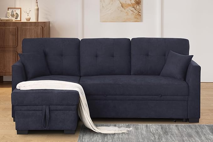 L Shaped Sectional Sleeper Sofa Couch with Pull Out Bed ,3 Seater Convertible Sectional Sofabed W/Reversible Chaise & Tufted Back Cushion ,Reversible Pullout Sofa Couch Bed for Living Room Office