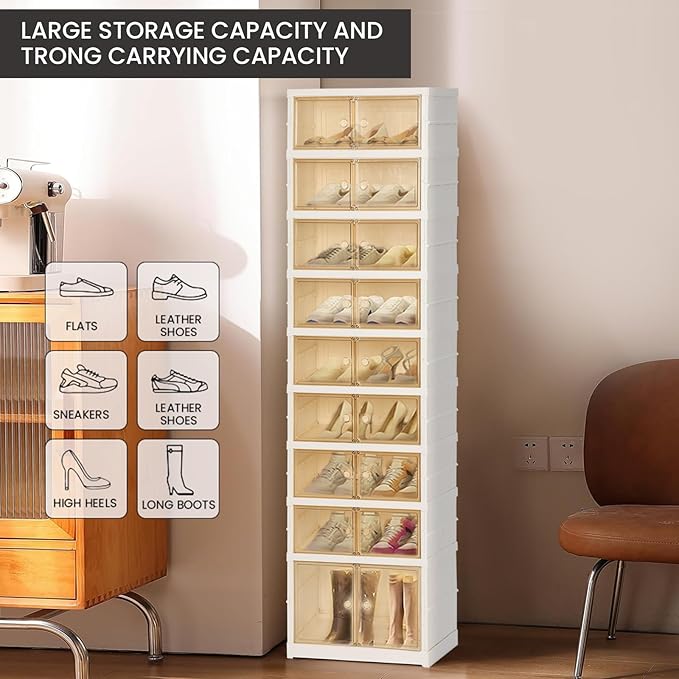 Foldable Shoe Organizer Storage Box, Portable Extra Large Folding Shoe Rack for Closet, Shoe Storage Box with Magnetic Transparent Door and Wheels, 9 Layers 18 Grids with 2 Big Grids for 2 PCS