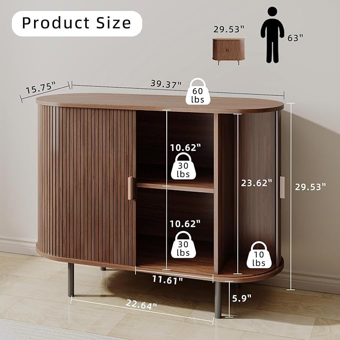 Buffet Sideboard Cabinet with Storage, 40" Fluted Cabinet with Sliding Door & Adjustable Shelf, Modern Accent Coffee Bar Console Table for Kitchen, Entryway, Walnut