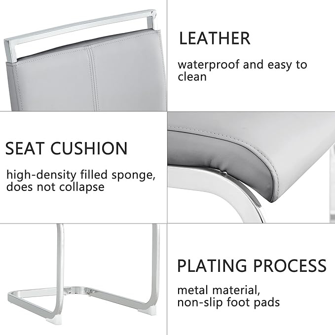 Dining Chairs Set, Kitchen Modern Metal Chairs with Faux Leather Padded Seat High Back and Sturdy Chrome Legs, Chairs for Dining Room (Light Gray, Set of 4)