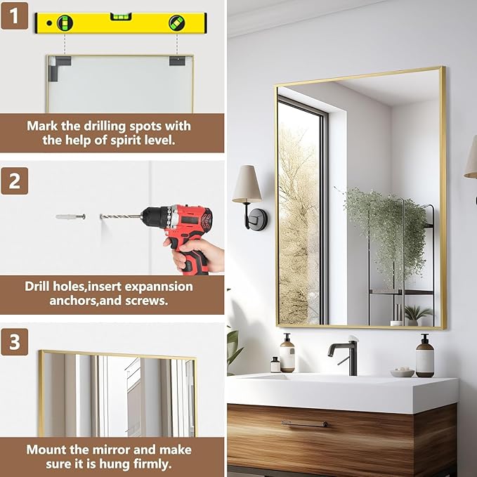 Gold Bathroom Mirror, 40"x30" Rectangle Mirror, Brushed Gold Mirror, Metal Frame Square Corner Vanity Mirror, Wall Mounted Mirror for Modern, Living Room, Bedroom, Horizontal Or Vertical