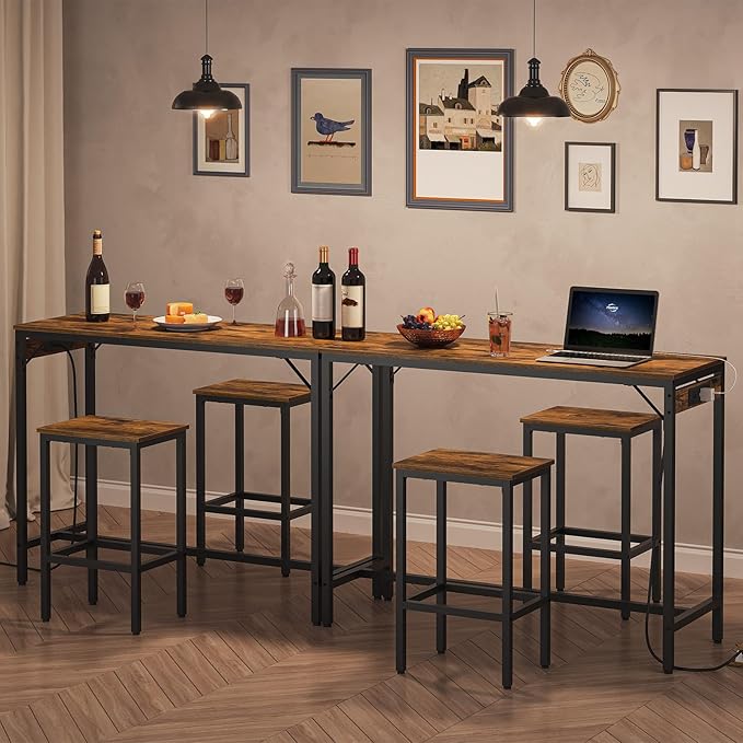 HOOBRO Bar Table and Chairs Set, 47.2" Dining Table Set with Power Outlet, 3-Piece Pub Table Set, Kitchen Bar Height Table with Stools of 2, Space Saving for Living Room, Rustic Brown BF46UBT01