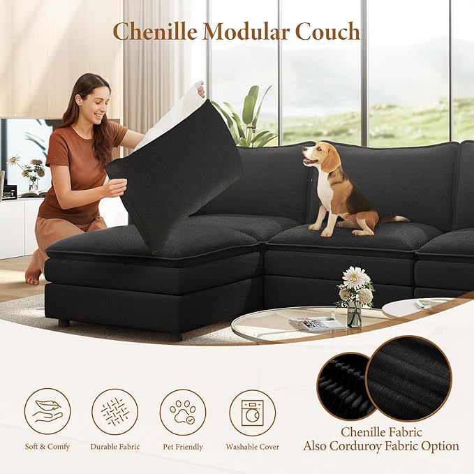Vesgantti 142" Cloud Couch Sectional Modular Sofa, Comfy Sectional Couch with Ottoman Deep Seat Chenille L Shaped Sofa, Modular Couches for Living Room, Bedroom and Apartment, Black
