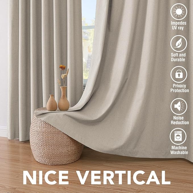 H.VERSAILTEX 100% Blackout Curtains for Bedroom Thermal Insulated Linen Textured Curtains Heat and Full Light Blocking Drapes Living Room Curtains 2 Panel Sets, Cobblestone, 42x63 Inch