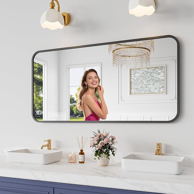 Koonmi Bathroom Mirror, 24X48 Inch Black Metal Framed Mirror for Bathroom, Tempered Glass, Anti-Rust, Rounded Rectangle Mirror for Restroom, Bedroom, Black
