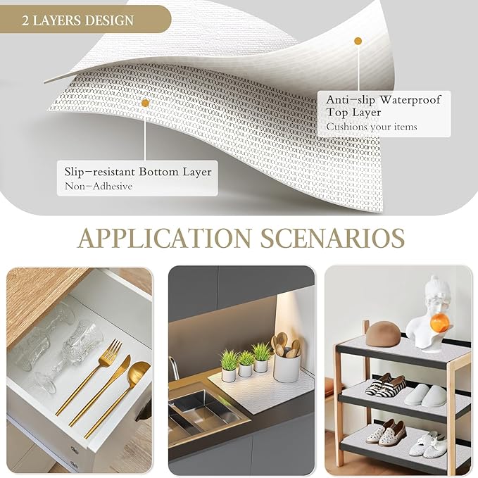 Beautysaid Shelf and Drawer Liner for Kitchen Cabinet, Non Adhesive Non Slip Shelf Paper Waterproof Washable Thickened for Dresser Pantry Shelve Bathroom Protector Liner(White,18 in x 10 FT)