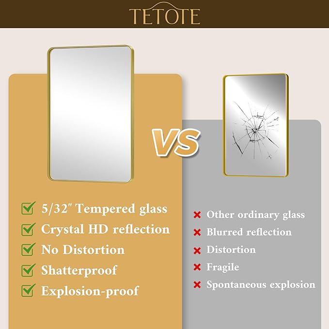 TETOTE Brushed Gold Bathroom Mirror 24 x 32 Gold Metal Framed Bathroom Mirror, Tempered Glass, Modern Farmhouse Wall Mounted Mirror for Decorative(Horizontal/Vertical)