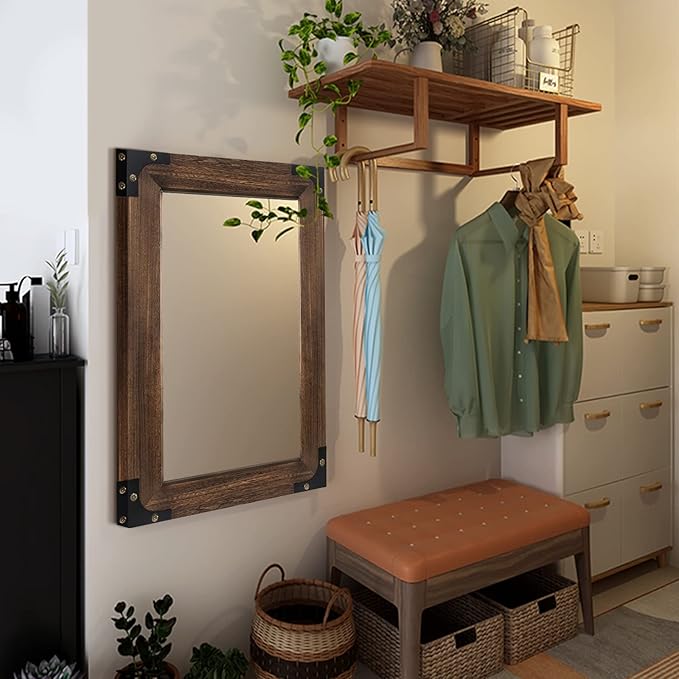 blue page Mirror for Wall, Rustic Wood Mirror with Wood Frame, Rectangular Decorative Wall Mounted Mirror for Farmhouse Bathroom Bedroom & Living Room (24 x 36 Inches, Iron)