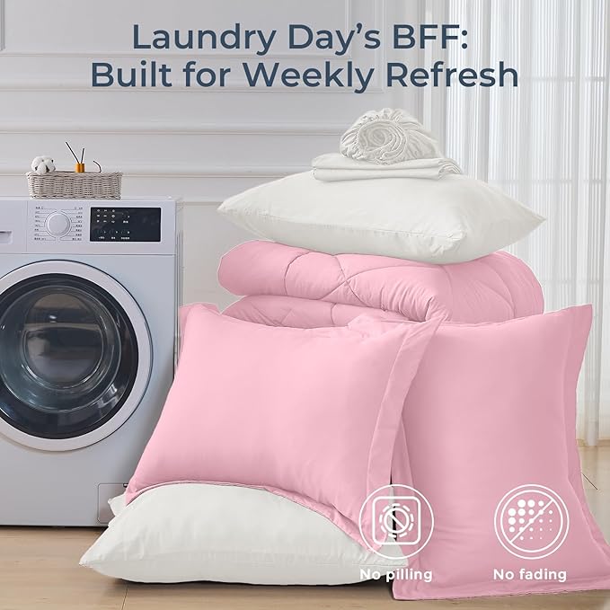 HEVUMYI King Comforter Set - 7-Piece All Season Bed in a Bag King, Ultra Soft Bedding Set with Comforter, Flat Sheet, Fitted Sheet, Pillowcases, Pillow Shams, Pink & Ivory