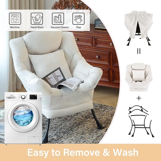 Lazy Chair with Pillow for Living Room, Modern Lounge Accent Chair with Armrests, Leisure Sofa Chair Set, Reading Chair for, Bedroom, Dorm Room, Office, Beige
