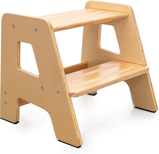 2-Step Wooden Step Stool for Toddlers | Kids Stool for Bathroom Sink & Kitchen Use | Non-Slip Step | Wooden Stool for Children Ages 2+ Years Varnished