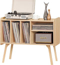 Lerliuo Record Player Stand with 4 Cabinet Holds Up to 220 Albums, Large Stand with Beech Wood Legs, Mid-Century Record Player Table,Burlywood Vinyl Holder Storage Shelf for Living Room