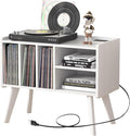 Forevich Record Player Stand Table with Vinyl Storage Holder Large Turntable Record Stand with Power Outlet Holds Up to 220 Albums Display Shelf Cabinet with Wood Legs for Living Room White