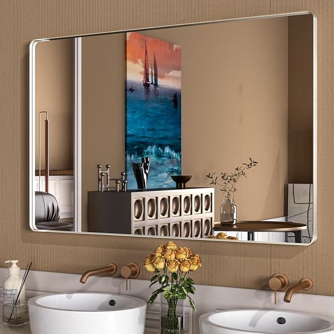 WEER 55X30 Inch Brushed Nickel Bathroom Mirror, Brushed Silver Metal Frame Mirror, Rounded Rectangle Silver Bathroom Vanity Mirror, Tempered Glass, Anti-Rust, Hangs Horizontally or Vertically