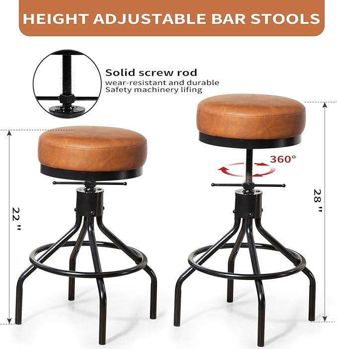 Industrial Bar Stools Set of 3 Adjustable Swivel Barstools Modern PU Leather 28inch Round Backless Counter Height Stool Metal Bar Chair for Kitchen Island (3, Brown)