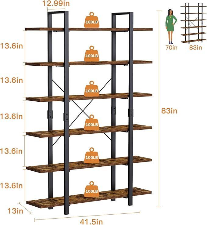 FRAPOW Bookshelf, 6 Tier Book Shelf 83Inch Tall Bookcase, Industrial Large Bookshelves Rustic Book Case with Open Metal Frame for Office, Bedroom, Farmhouse, Living Room