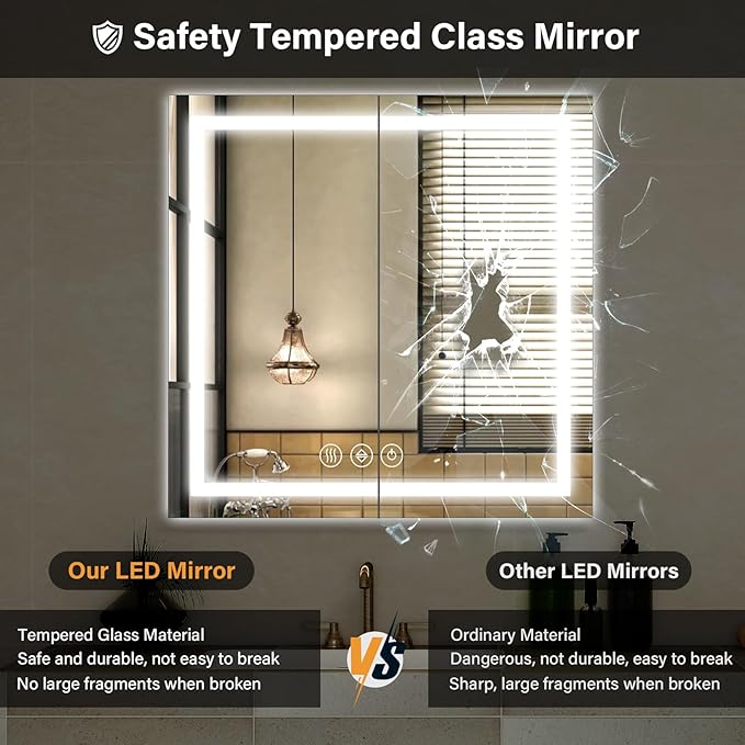 47"x 47" LED Bathroom Mirror, Backlit + Front Lit, LED Bathroom Mirror with Lights for Wall, 3 Colors, Anti-Fog, Dimmable Brightness, Memory Function, Tempered Glass