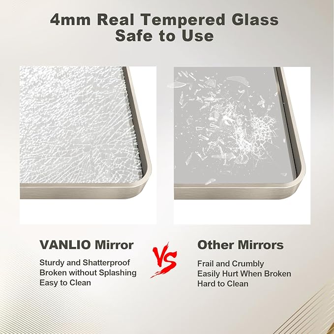 20x30 Inch Brushed Nickel Bathroom Mirror, Brushed Silver Metal Framed Wall Mirror, Rounded Corner Rectangle Modern Vanity Mirror, Tempered Glass, Anti-Rust, Shatterproof (Horizontal/Vertical)