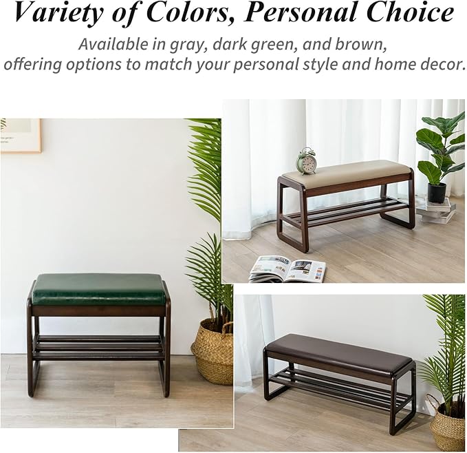 Shoe Bench, Entryway Bench with Leather Cushion, Solid Wood Shoe Rack, Mid Century Modern Bench, Shoe Storage, Shoe Organizer for Entryway (Grey, 31.5" W)