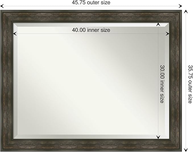 Amanti Art Brown Bathroom Mirror for Over Sink, 36x46 Rail Rustic Char Rectangle Vanity Mirror, X-Large Rustic Farmhouse Frame, Hangs Horizonally and Vertically, Bathroom Wall Decor, Beveled Edge