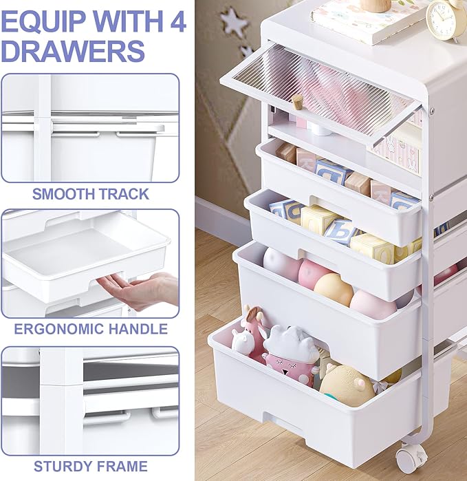 Utility-Rolling-Storage-Drawer-Craft-Cart-Organizers with 4 Drawers & Dust-proof Door for Kid Craft Art Room,Bedroom,Home Office, Craft Drawer cart, Classic White