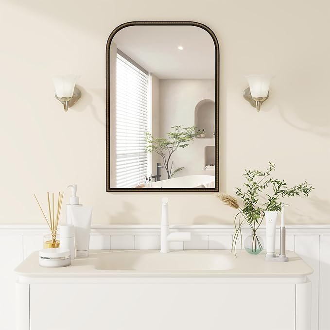 Axeman 22x30 Rounded Rectangular Wall Mirror, Decorative Bathroom Mirror, Traditional Vintage Wall Mounted Mirror with Beaded Frame for Accent Living Room Vanity Bedroom Entryway, Black