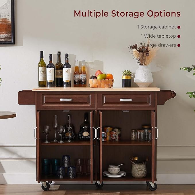 Walnut 54" Rolling Kitchen Island on Wheels, Large Kitchen Cart with Storage Cabinet, Portable Wood Island Table with 2 Drawers and Spice Rack & Towel Rack, Brown